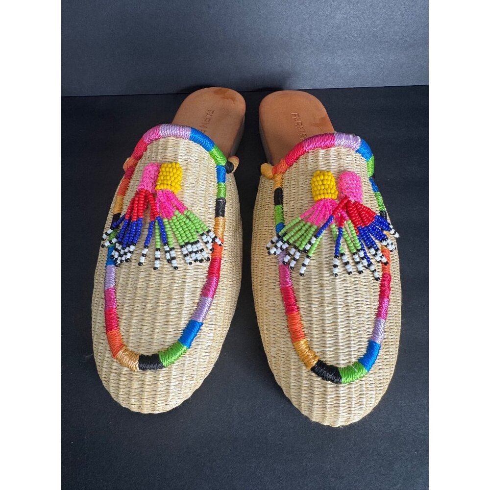 FARM RIO Natural Raffia Woven Beaded Tassels Mule Flats Women's EU 41 US 9.5 NIB